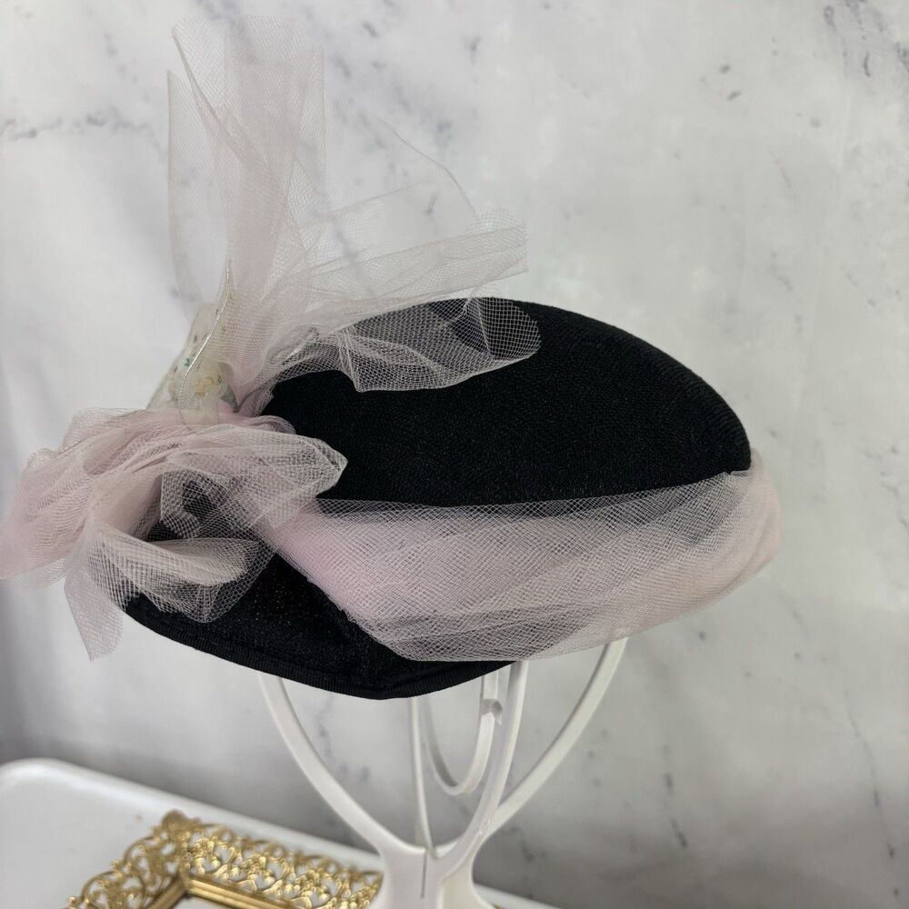 Vintage 1950s 60s Woven Cloche Hat Pink Tulle Bow Star Cocktail Fascinator MCM - Picture 5 of 14